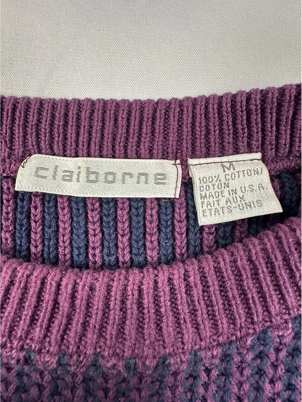 Vintage Claiborne 100% Cotton Chunky Knit Sweater Men's Medium Purple Made in US